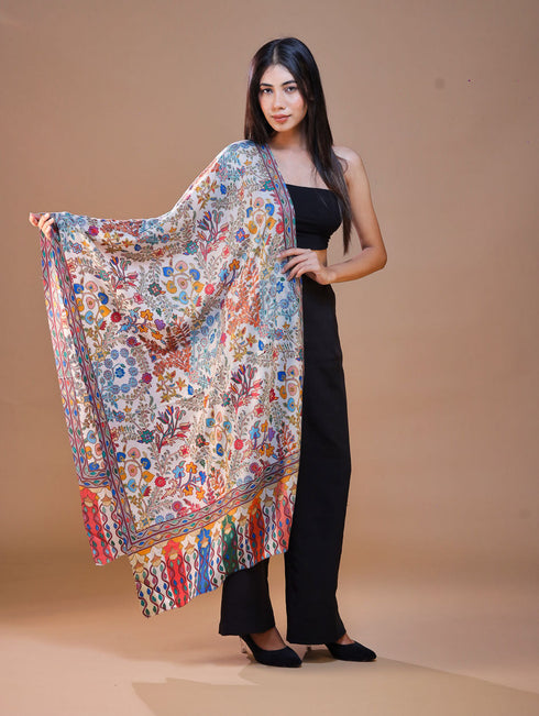 Women's Pure Wool Faux Pashmina Kalamkari Printed Embroidery Stole